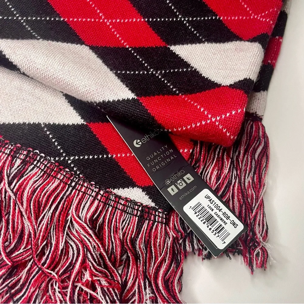 Nordstrom NWT 100% Cashmere Extra Soft Long Scarf in Red/Black Argyle Diamond